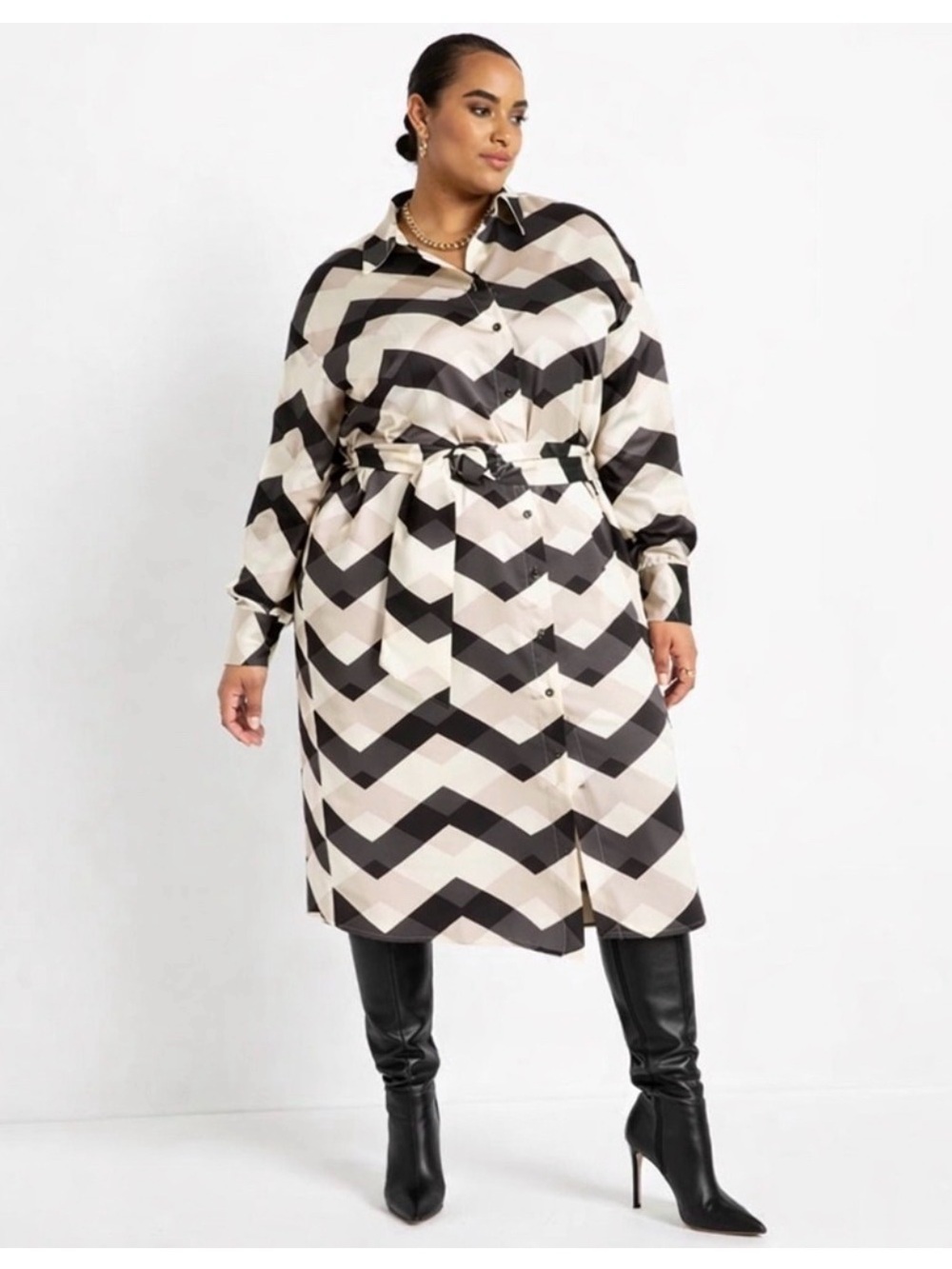 Eloquii Midi Black White and Cream Geometric Pattern Tie-Waist Shirt Dress